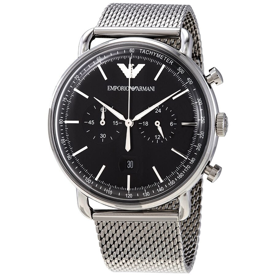 Emporio Armani Aviator Chronograph black dial watch with silver mesh strap and chronograph subdials