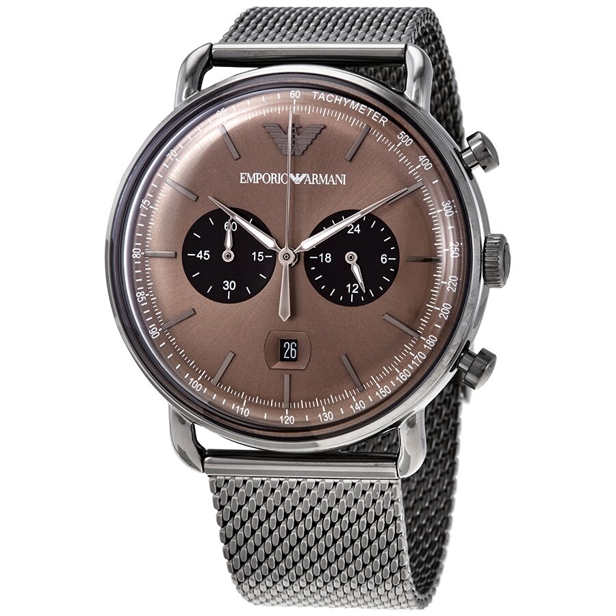 Emporio Armani Aviator Chronograph Brown Dial Silver Mesh Men's Watch - AR11141