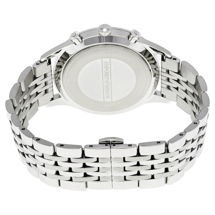 Caseback of Emporio Armani Beta chronograph watch showing stainless steel bracelet