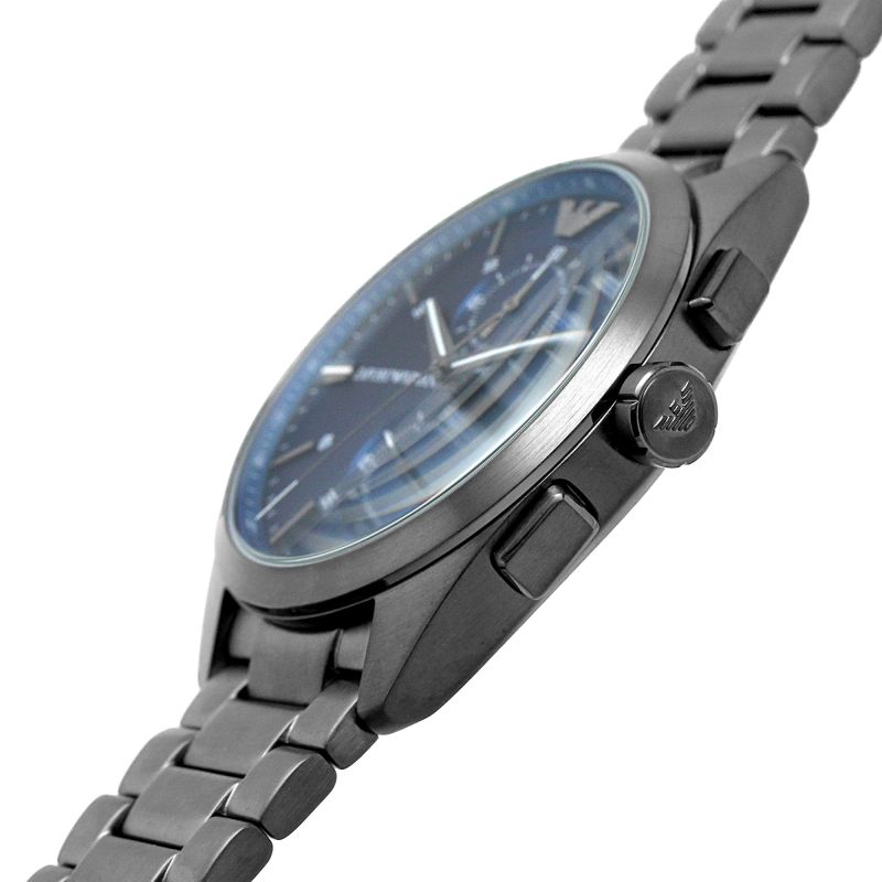 Claudio chronograph watch on angled view showing blue dial and gunmetal bracelet