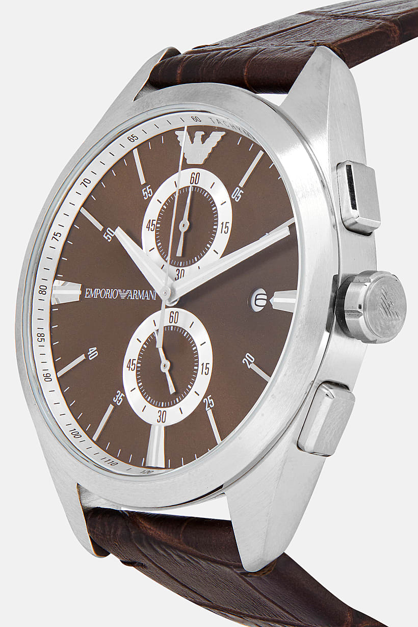 Side angle view of Emporio Armani Claudio chronograph watch showing stainless steel case and leather strap