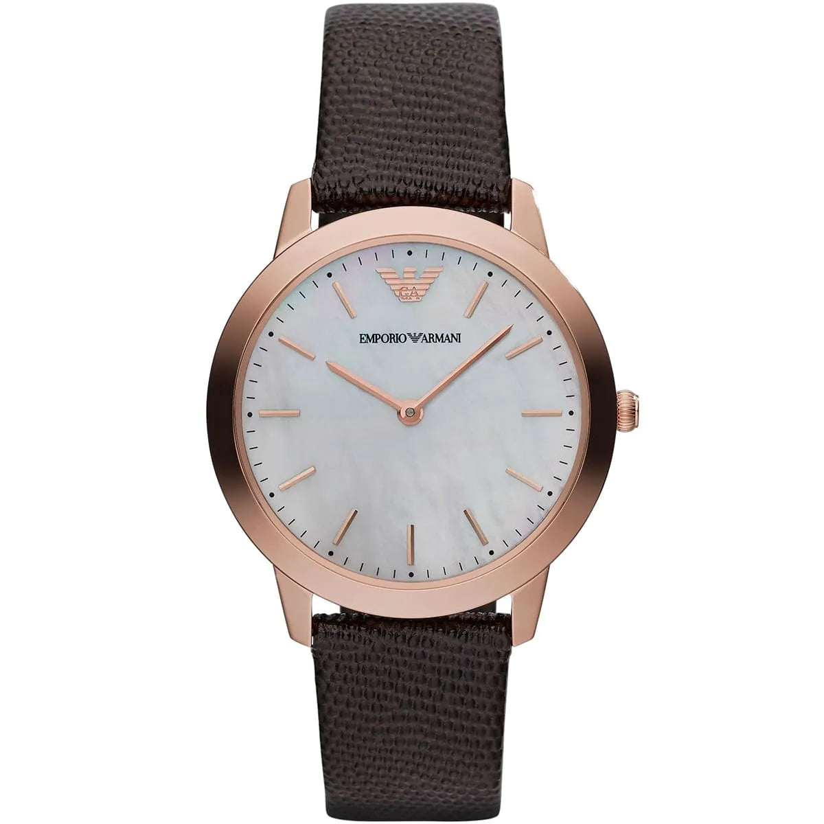 Emporio Armani Dino Slim AR1748 rose gold women's watch with white dial and dark leather strap