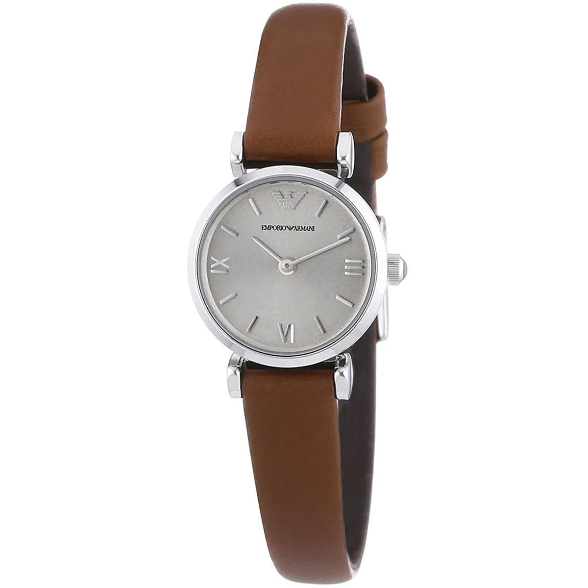 Emporio Armani Gianni T-Bar mini silver watch at angle showing silver round case and brown leather strap