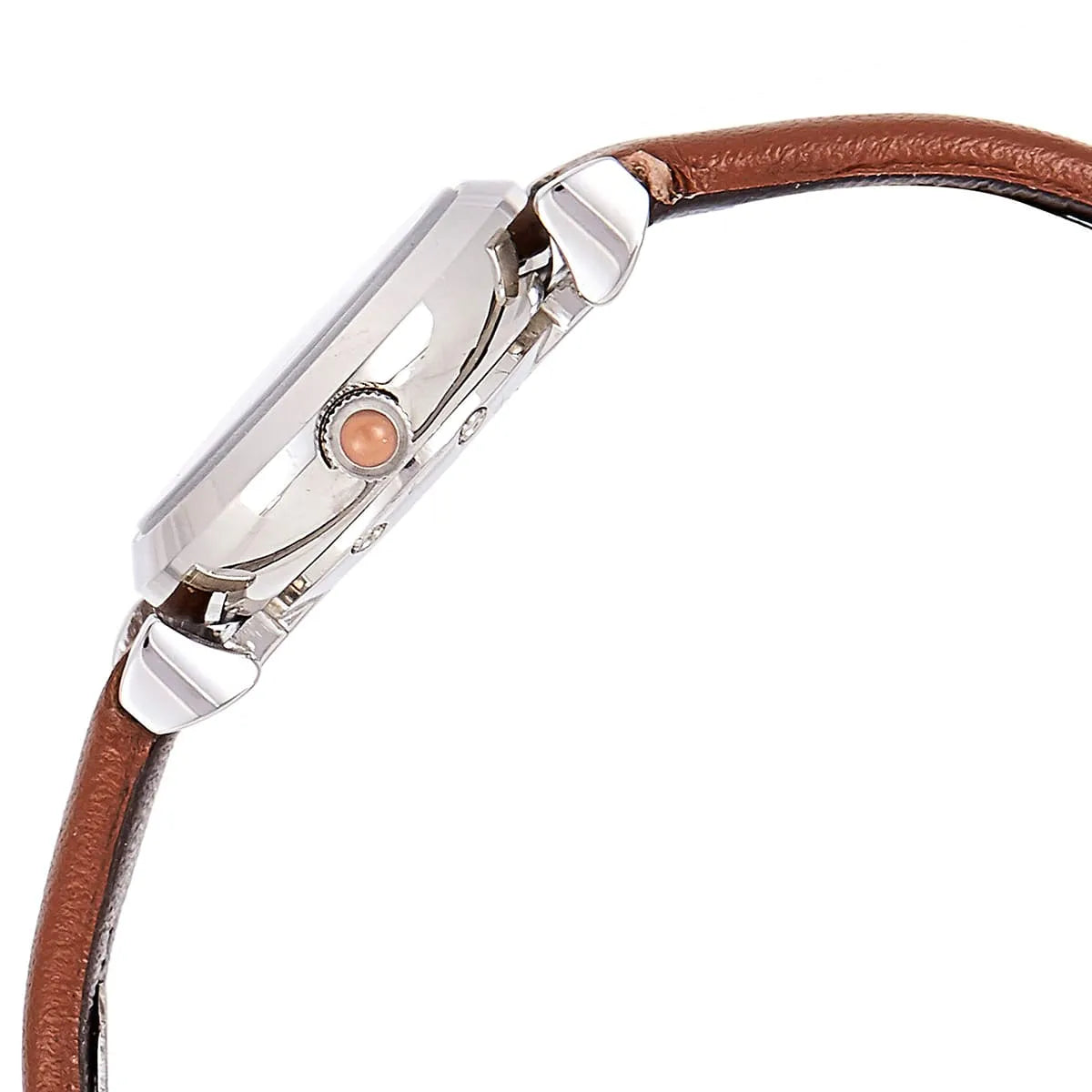 Side view of Emporio Armani Gianni T-Bar mini watch showing silver case profile and brown leather strap