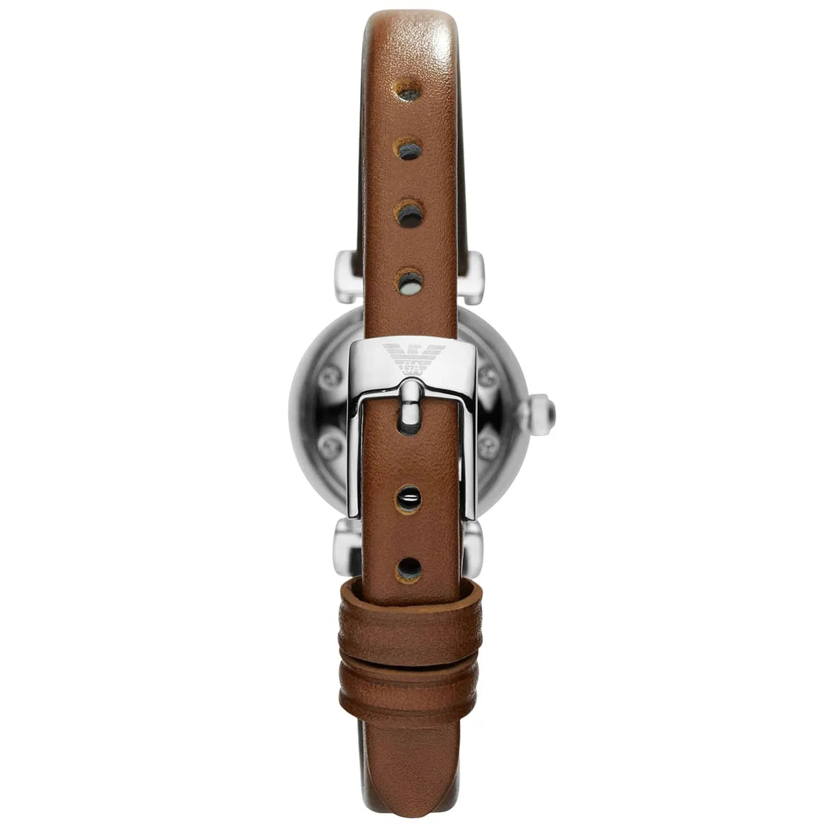 Brown leather T-bar strap with silver buckle clasp on Emporio Armani Gianni mini watch