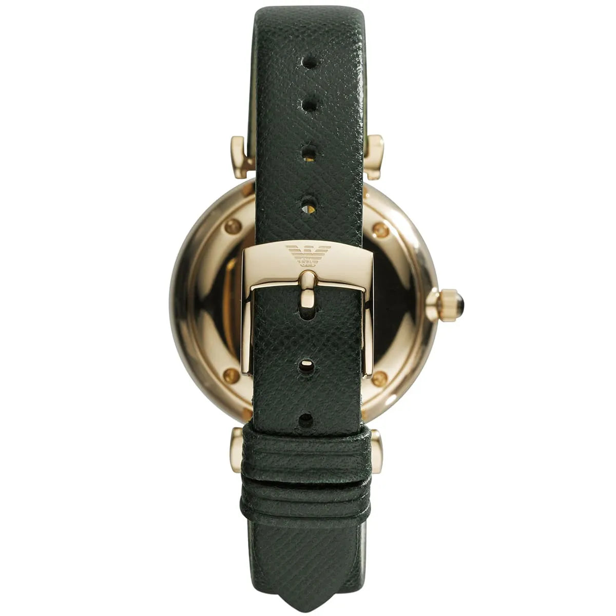 Emporio Armani AR1726 watch caseback showing gold-tone case with T-Bar lugs and green leather strap