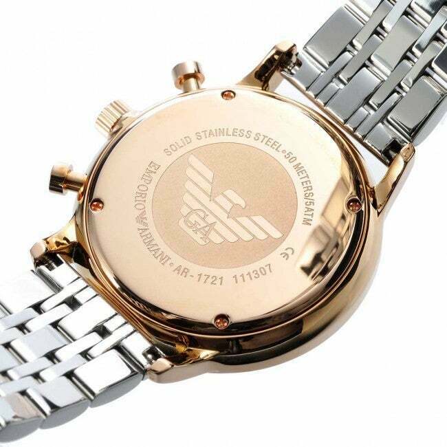 Caseback of Emporio Armani Gianni AR1721 showing stainless steel and model number