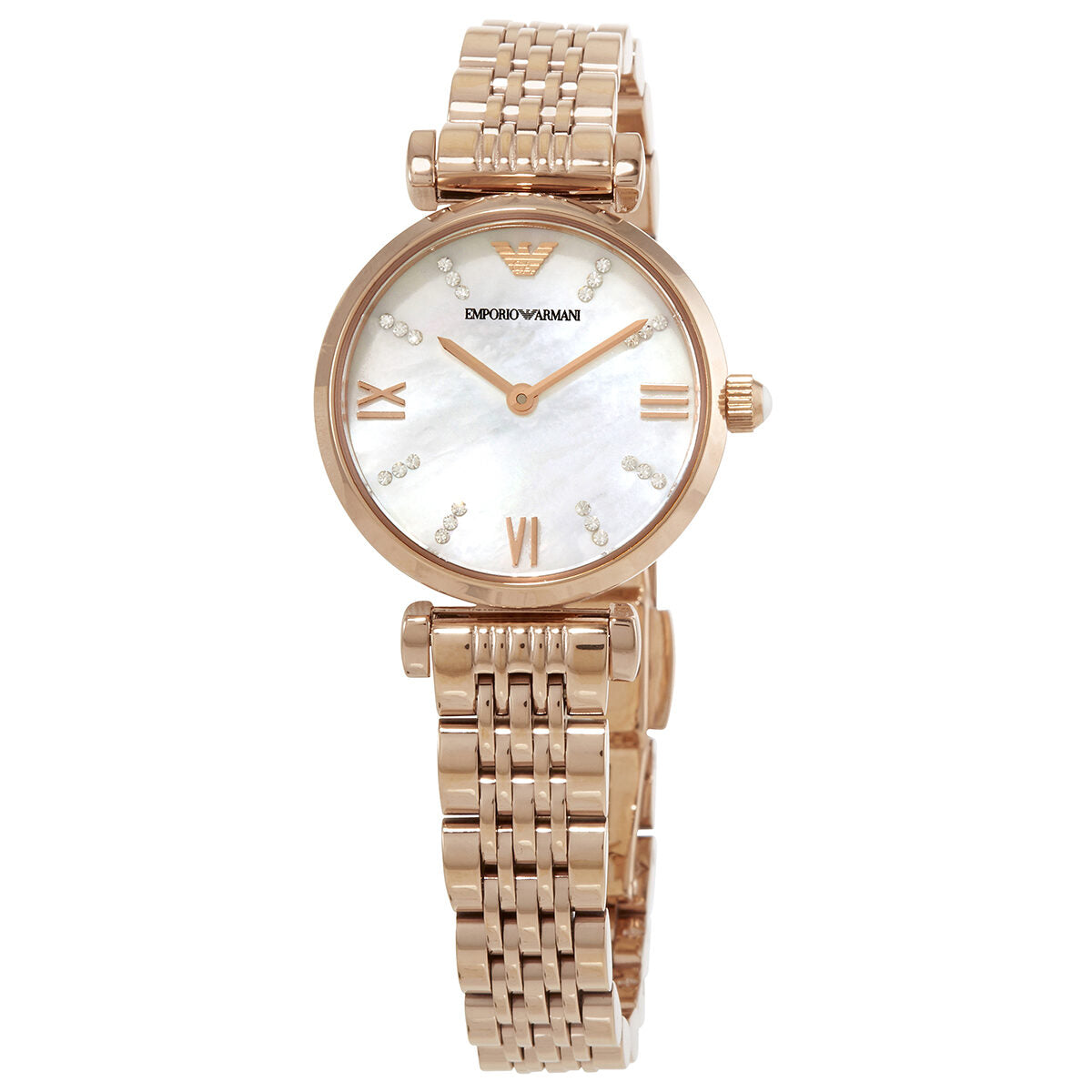 Emporio Armani Gianni T-Bar rose gold women's watch with mother-of-pearl dial and Roman numerals