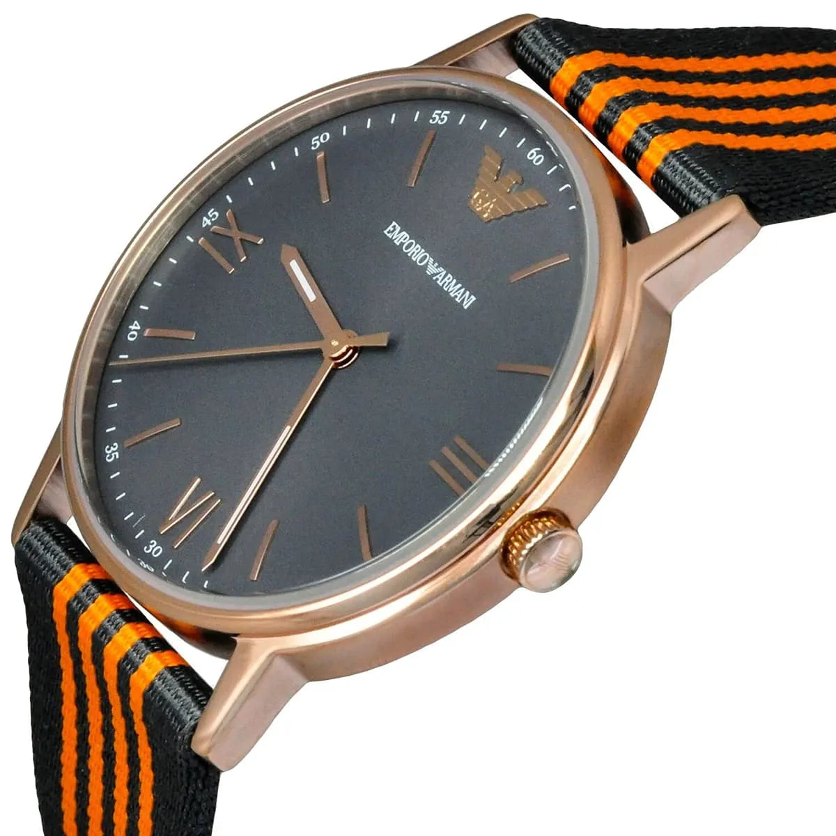 Emporio Armani Kappa AR11014 watch worn on wrist with orange and black striped strap visible