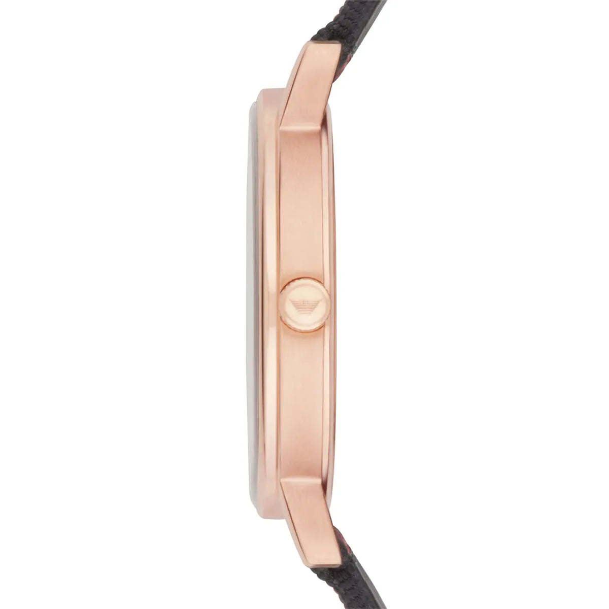 Side profile of Emporio Armani Kappa AR11014 watch showing rose gold case thickness and strap