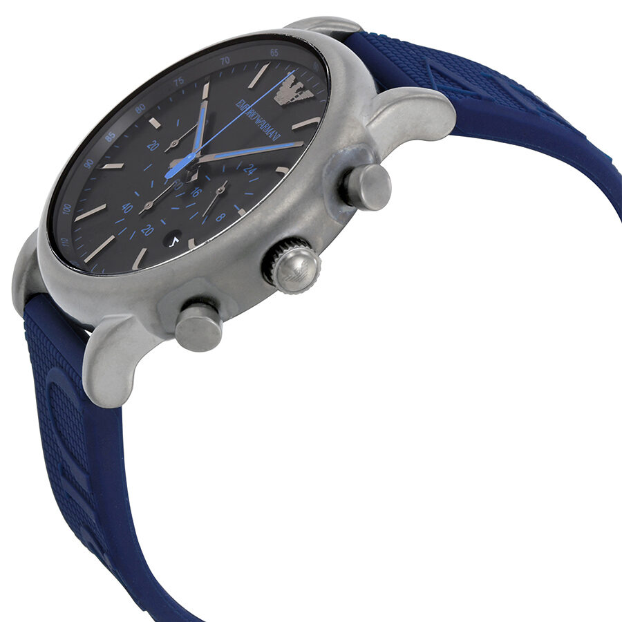 Side angle view of Emporio Armani Luigi watch with stainless steel case and blue strap