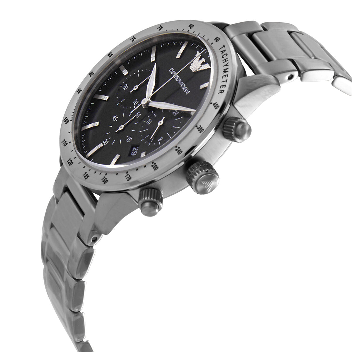 Side angle view of Emporio Armani Mario chronograph watch showing profile and three-link bracelet