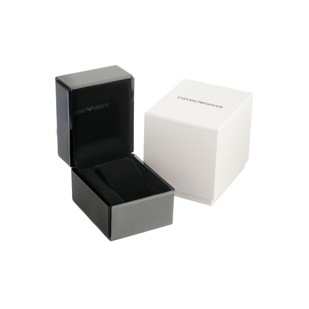 Emporio Armani watch packaging showing black and white gift boxes