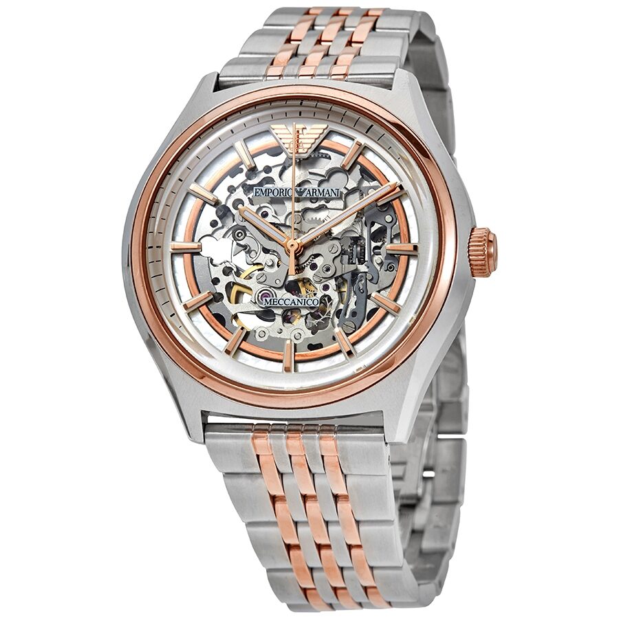 Emporio Armani Meccanico automatic skeleton dial two-tone men's watch with rose gold bezel and stainless steel bracelet