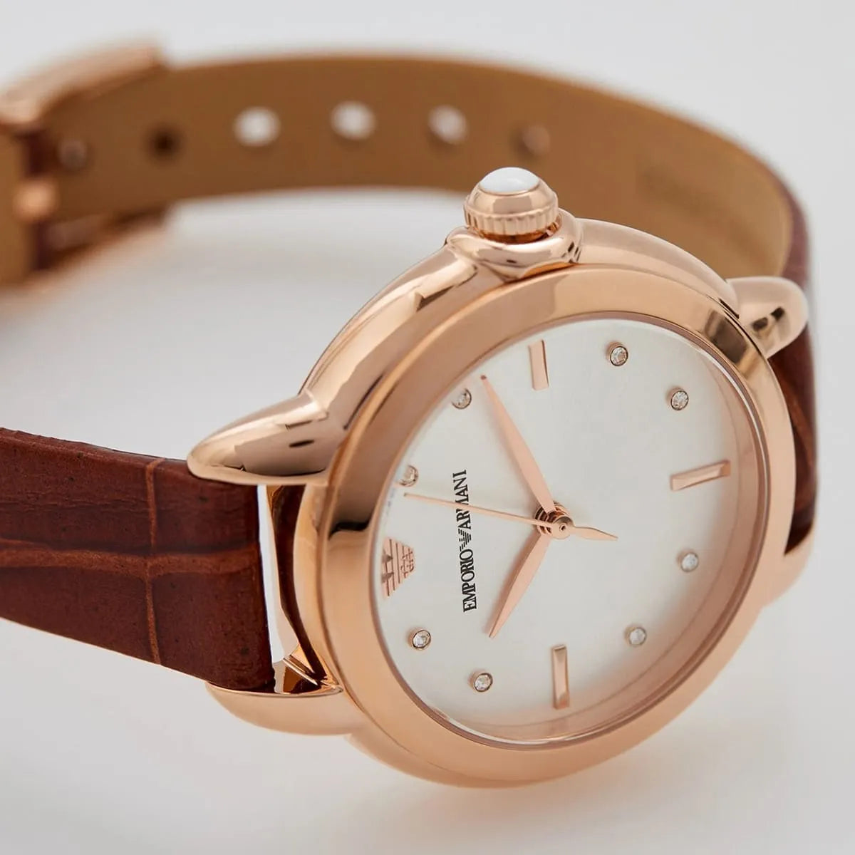 Close-up of Emporio Armani Mia AR11525 dial showing white face with rose gold indices