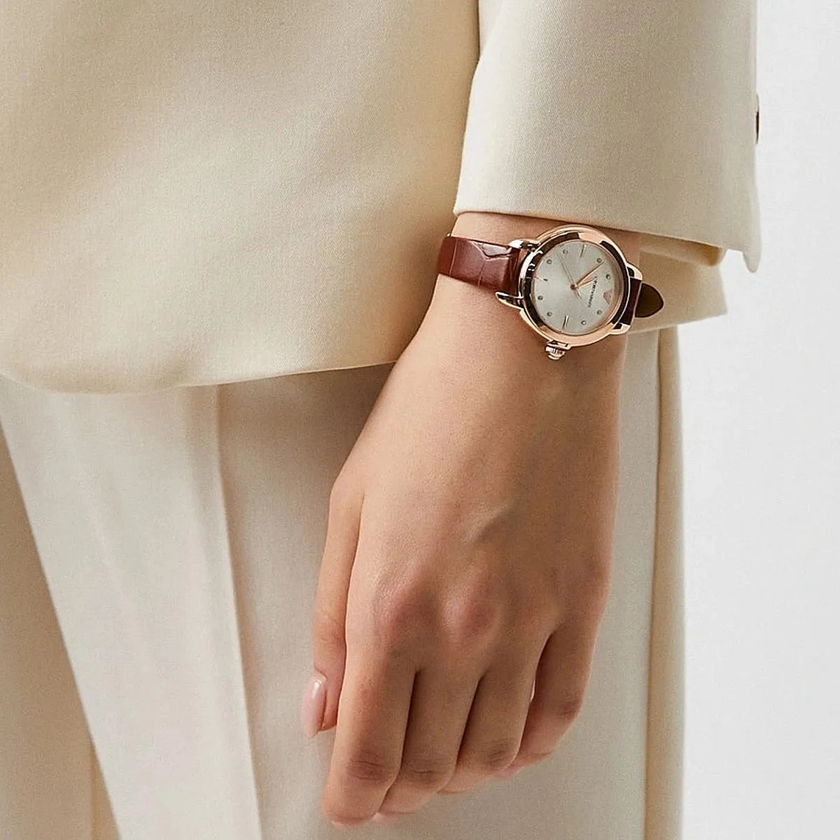 Emporio Armani Mia AR11525 watch worn on wrist with brown leather strap