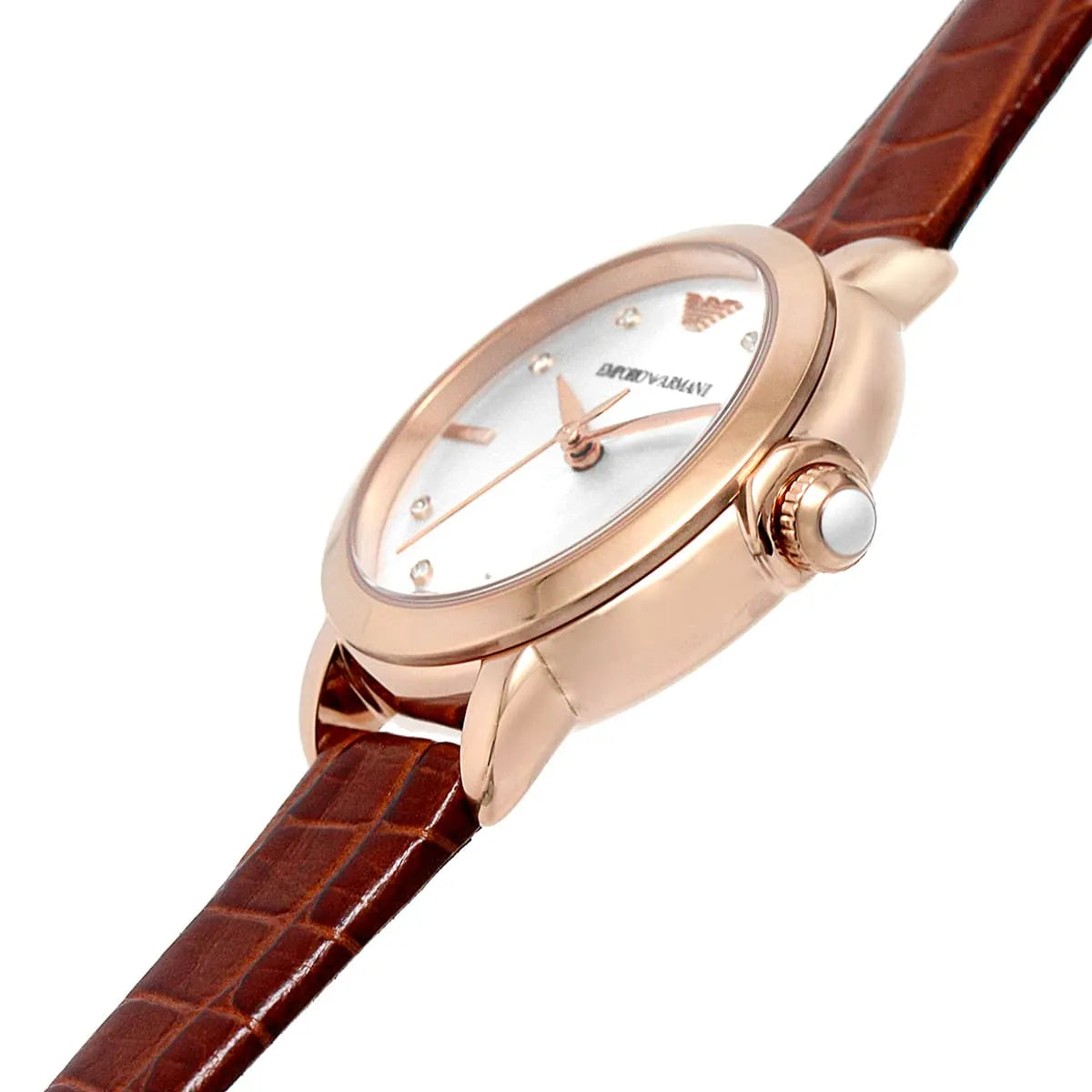 Side profile of Emporio Armani Mia AR11525 watch with crown detail visible