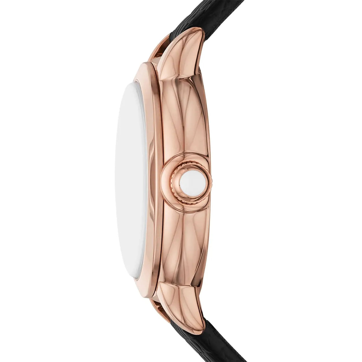 Emporio Armani Mia AR11631 rose gold watch case detail with crown and black strap