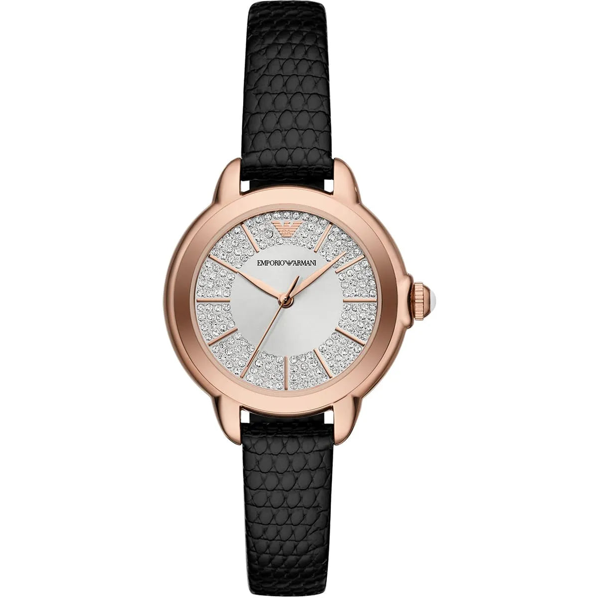 Emporio Armani Mia AR11631 rose gold women's watch with black leather strap and crystal dial