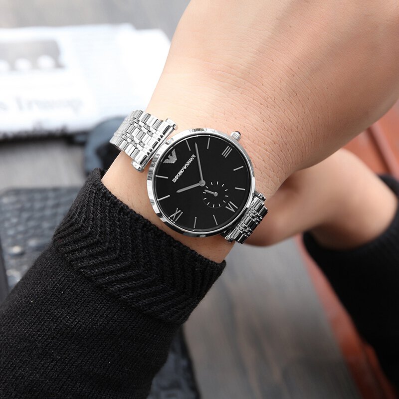 Emporio Armani Retro Black Dial Silver Men's Watch - AR1676