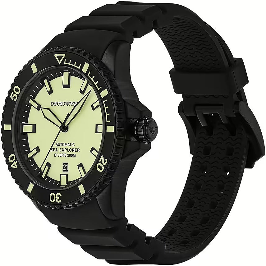 Three-quarter view of Emporio Armani Sea Explorer watch showing dial and black silicone strap
