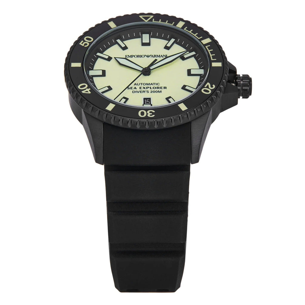 Front view of Emporio Armani Sea Explorer watch with cream dial and black silicone strap