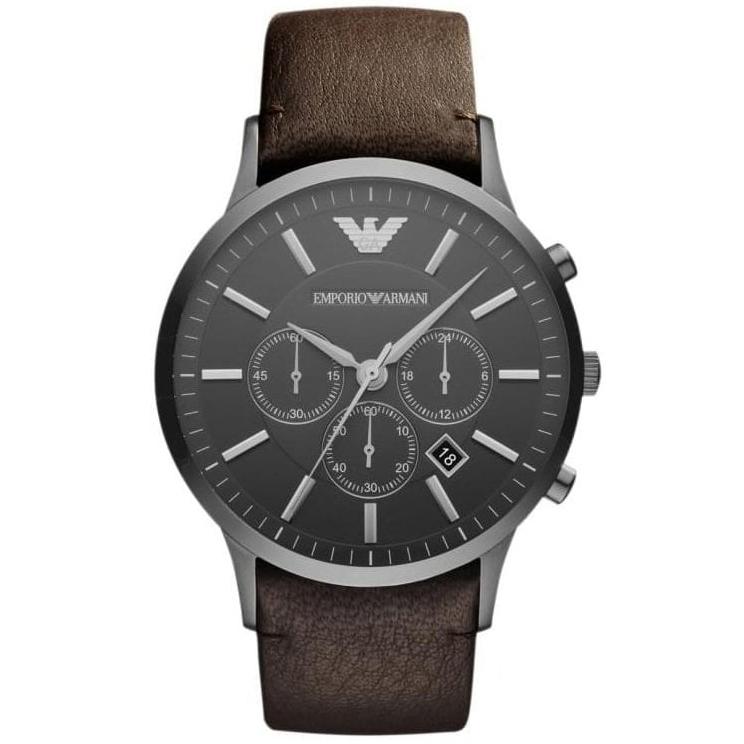 Emporio Armani Sportivo AR2462 men's chronograph watch with dark gray dial and brown leather strap