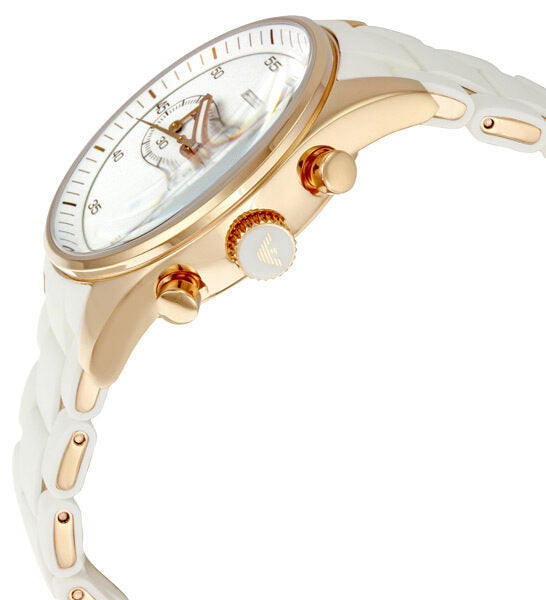Side angle view of Emporio Armani Sportivo AR5920 with white strap and gold-tone chronograph pushers