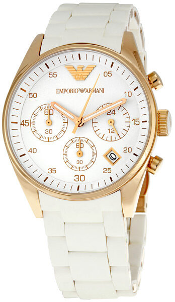 Emporio Armani Sportivo AR5920 chronograph watch with gold-tone case and white rubber strap