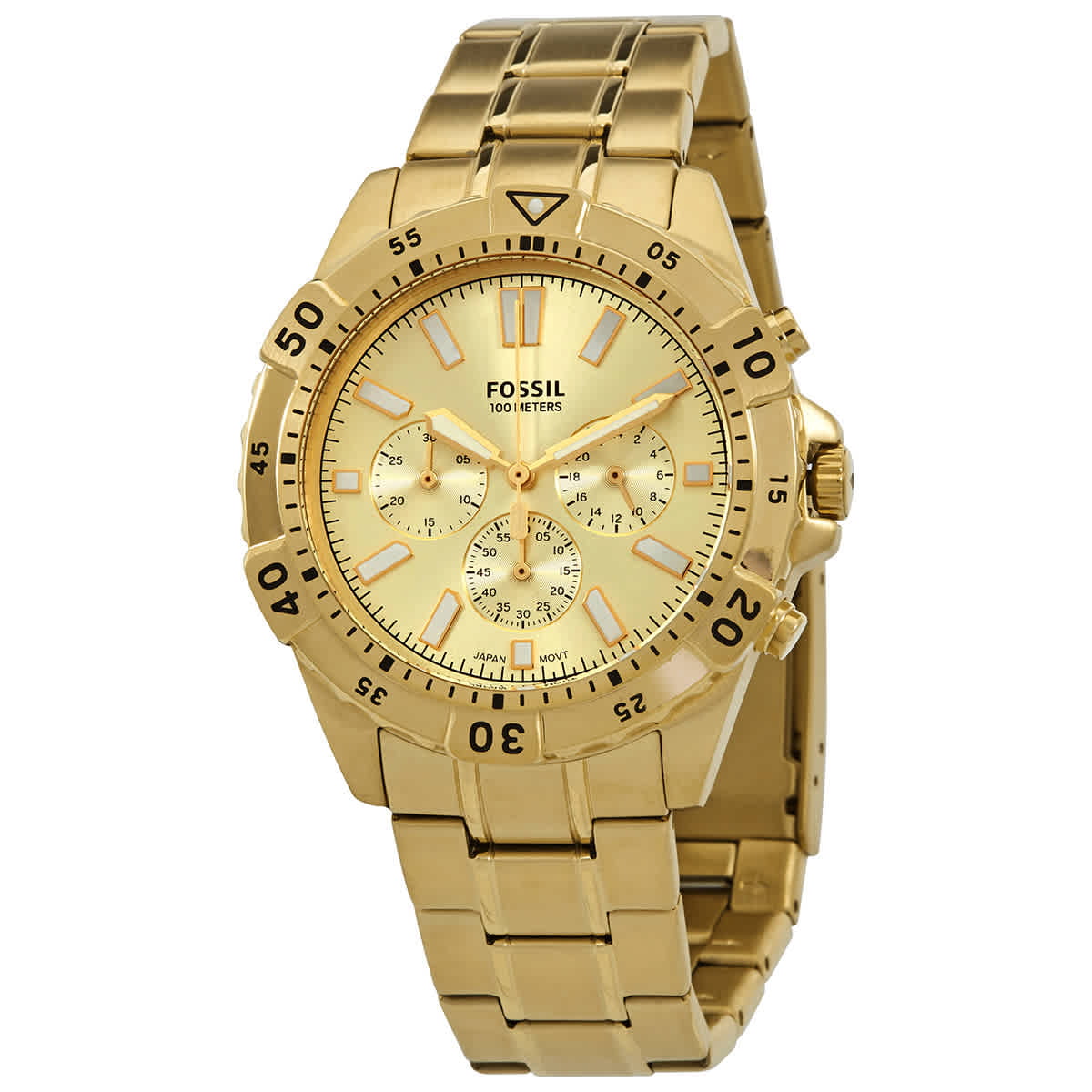 Fossil Garrett chronograph men's watch with gold dial and gold-tone bracelet, front view