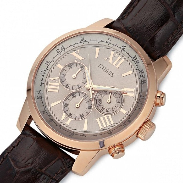 Guess Horizon Silver Dial Leather Strap Menβs Watch W0380G4 - Watch