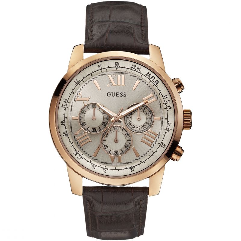 Guess Horizon Silver Dial Leather Strap Menβs Watch W0380G4 - Watch