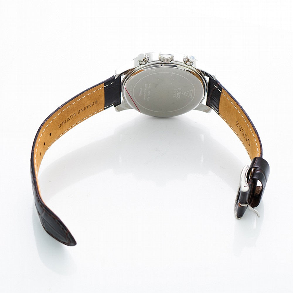 Guess Menβs White Dial Leather Band Watch W0380G1 - Watch