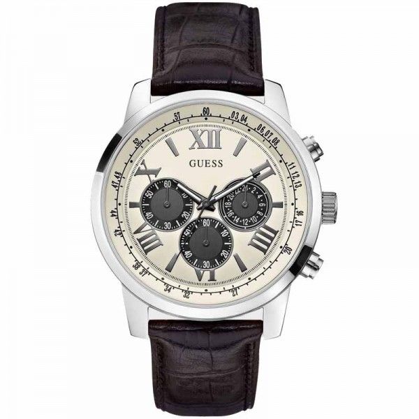Guess Menβs White Dial Leather Band Watch W0380G1 - Watch
