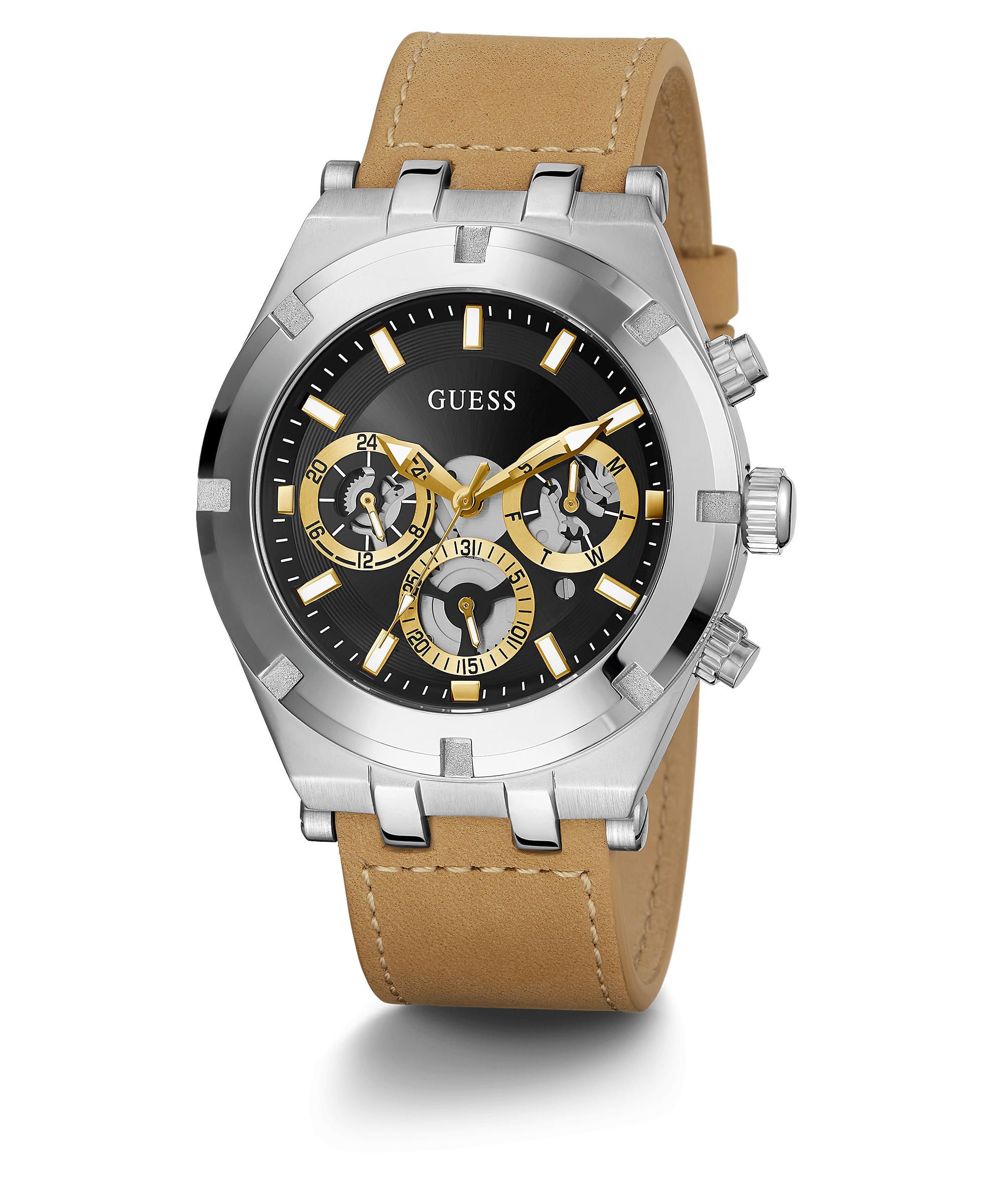 Guess Silver Tone Case Beige Leather Strap Menβs Watch GW0262G1 - Watch