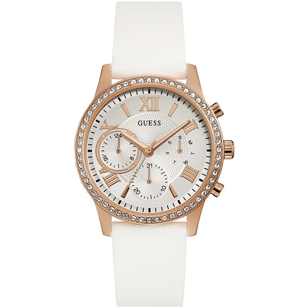 Guess Solar Rose Gold White Dial White Rubber Strap Women's Watch W1135L1 - The Watches Men & CO