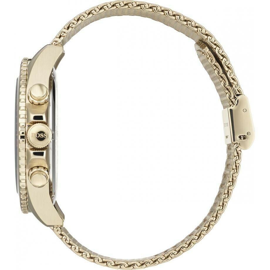 Side view of Hugo Boss chronograph watch with yellow mesh bracelet