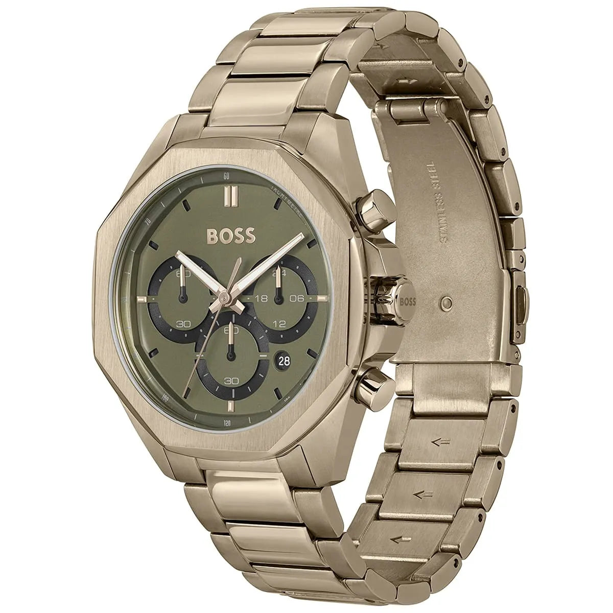 Hugo Boss Classic Chronograph Olive Green Dial Beige Gold Steel Strap Watch For Men - 1514019