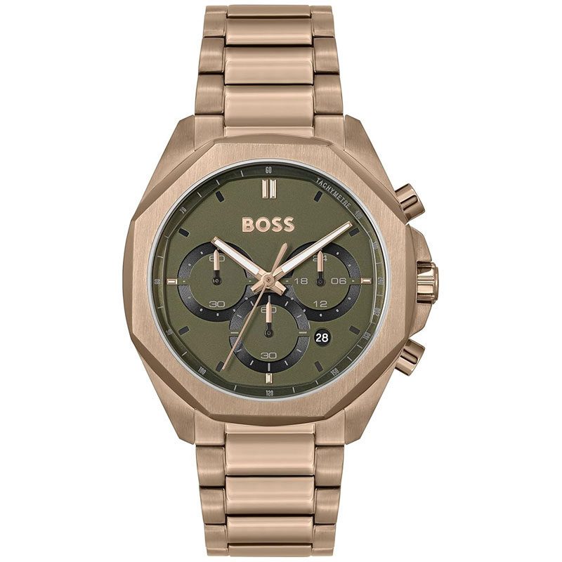 Hugo Boss Classic Chronograph Olive Green Dial Beige Gold Steel Strap Watch For Men - 1514019