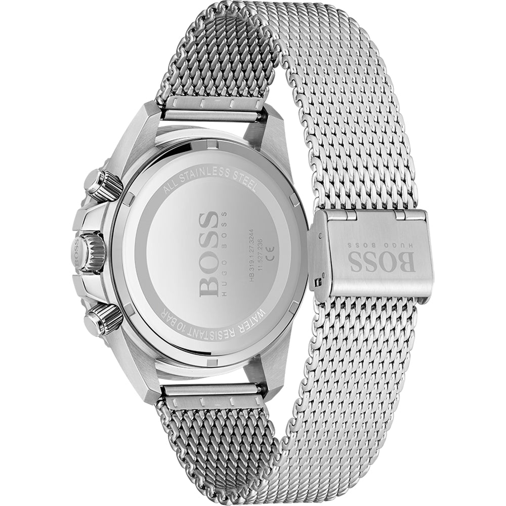 Hugo Boss Admiral chronograph caseback showing stainless steel with engraved BOSS branding