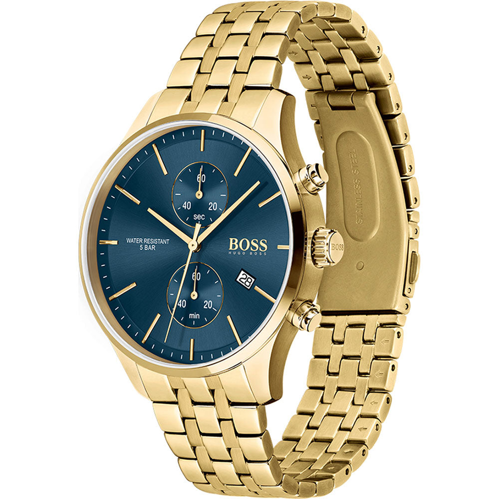 Hugo Boss Associate gold chronograph watch shown at angle displaying side profile and bracelet