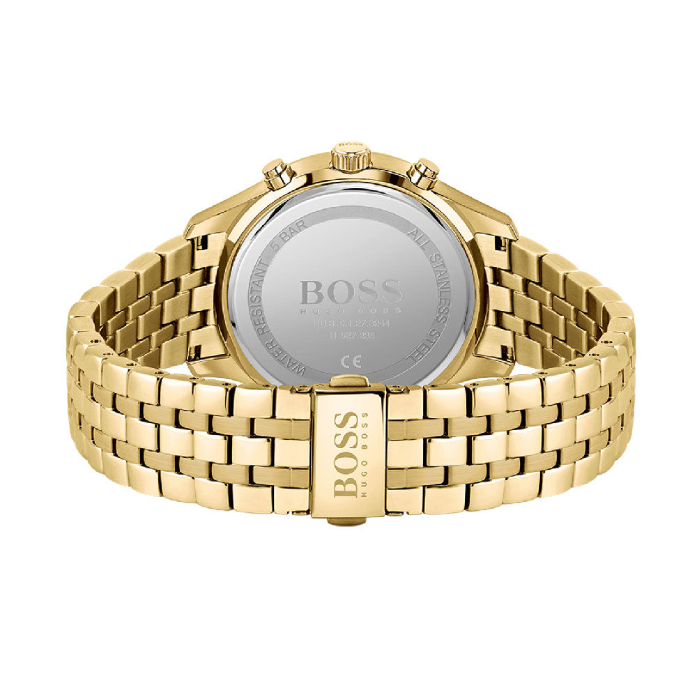 Hugo Boss Associate gold chronograph caseback showing BOSS branding and water resistance rating