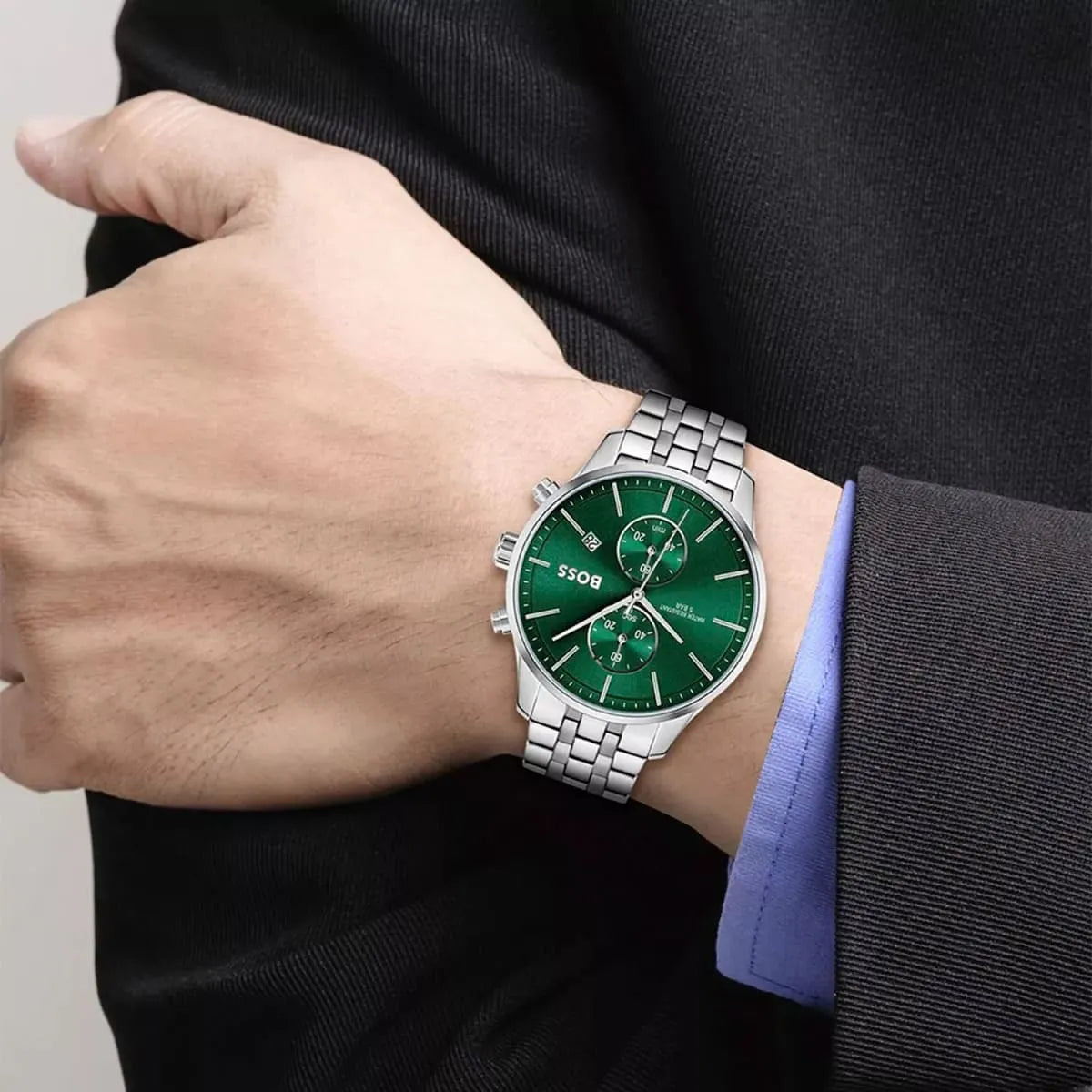 Hugo Boss Associate Chronograph Green Dial Silver Steel Strap Watch for Men - 1513975