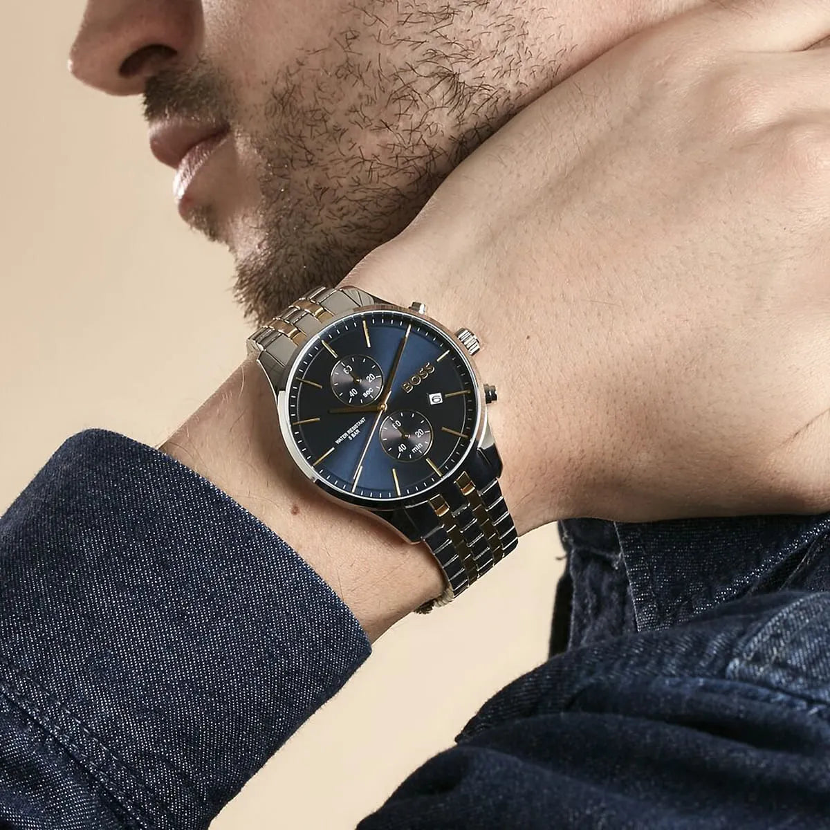 Hugo Boss Associate Chronograph Blue Dial Two Tone Steel Strap Watch for Men - 1513976