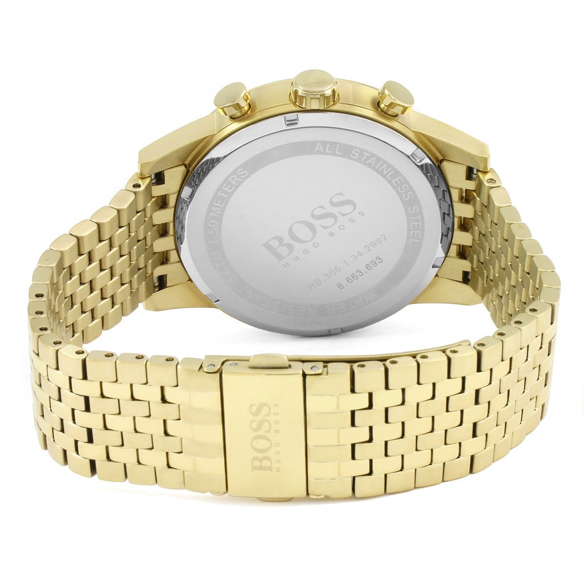 Hugo Boss gold watch caseback showing stainless steel back with Boss engraving and chronograph pushers