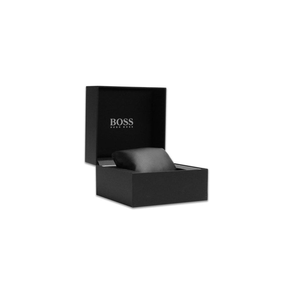 Hugo Boss branded black watch box with watch presentation