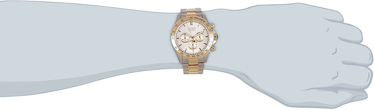 Hugo Boss gold and stainless steel chronograph watch on wrist