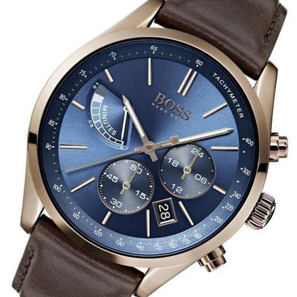Hugo Boss Grand Prix watch at angle showing blue chronograph dial with subdials