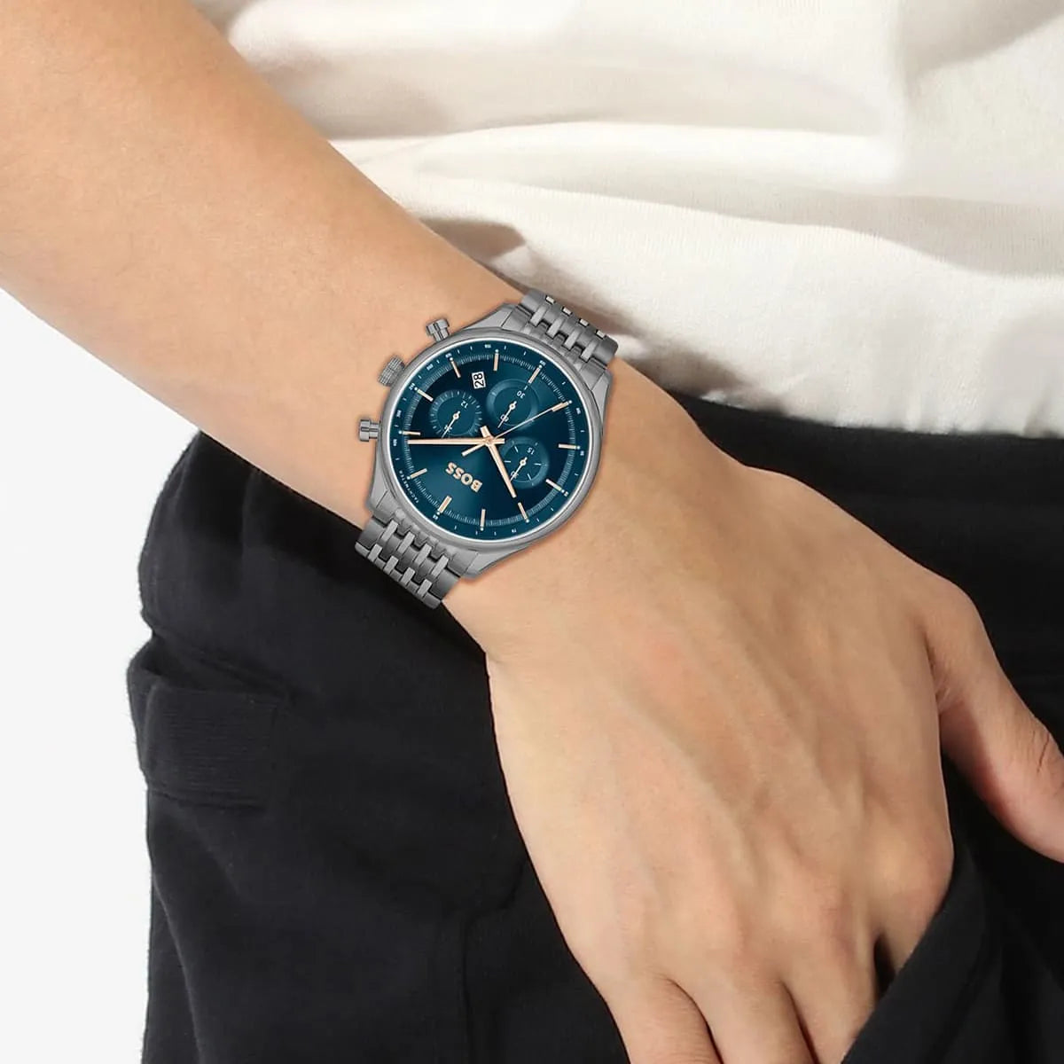 Hugo Boss Gregor Chronograph Blue Dial Grey Steel Strap Watch For Men - 1514083