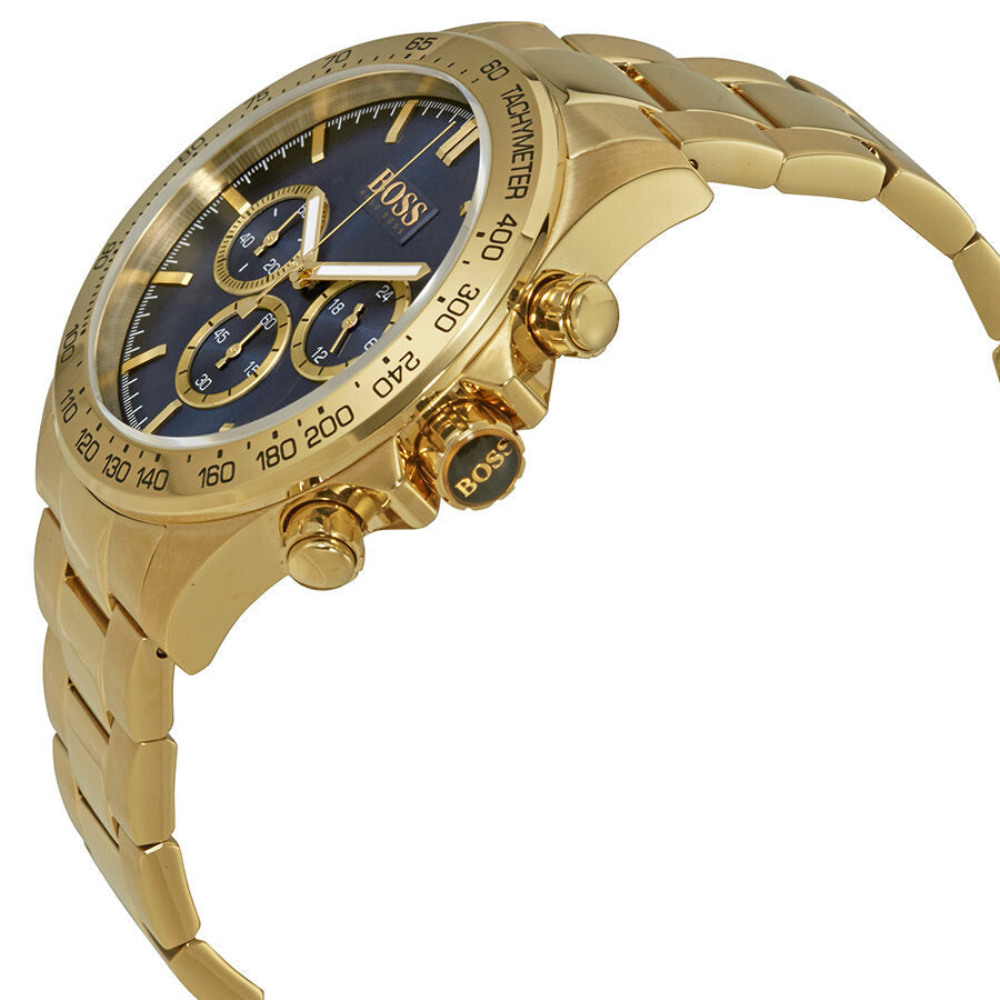 Hugo Boss Ikon watch showing side profile with gold bracelet and chronograph pushers